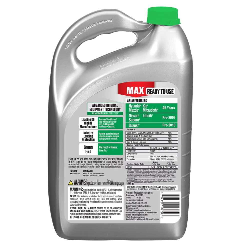 Prestone AF6610 MAX Asian Vehicles Green Antifreeze and Coolant - 4 liters