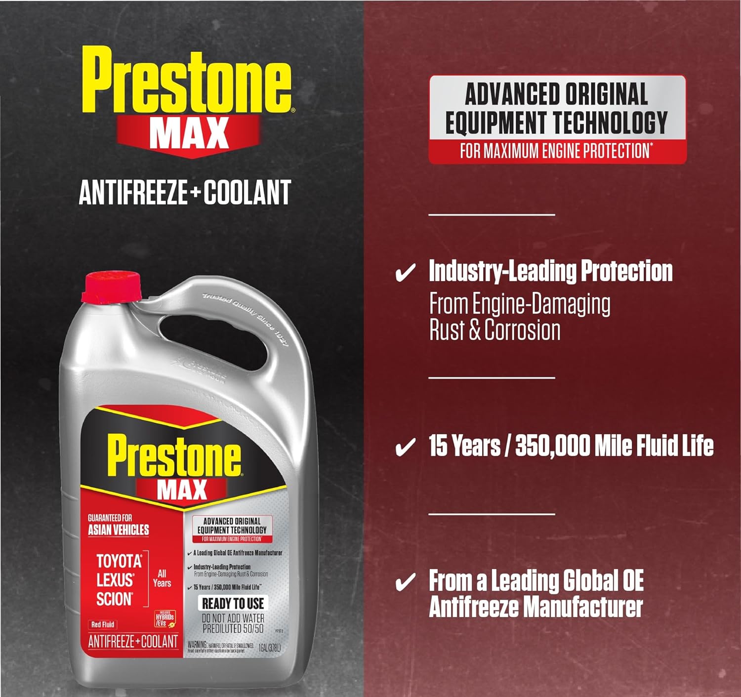 Prestone AF6210 MAX Asian Vehicles (Red) Antifreeze and Coolant - 4 Liters