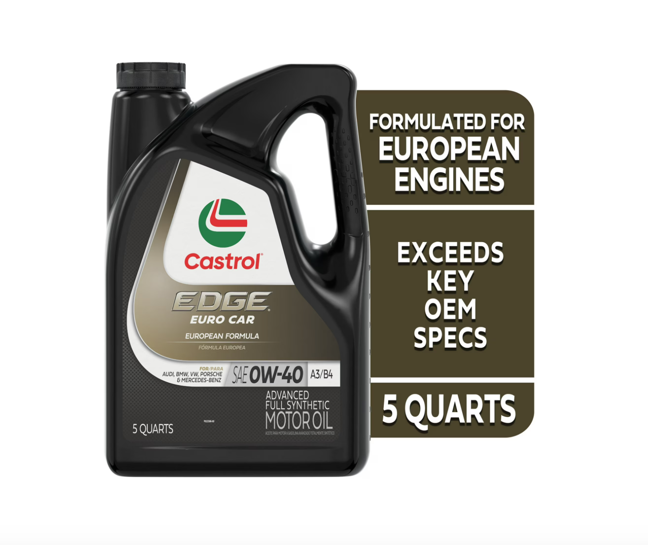 Castrol EDGE 0W-40 A3/B4 Advanced Full Synthetic Motor Oil, 5 Quarts