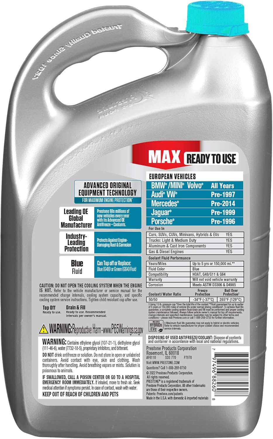Prestone AF6110 MAX European Vehicles (Blue) Anti-Freeze and Coolant