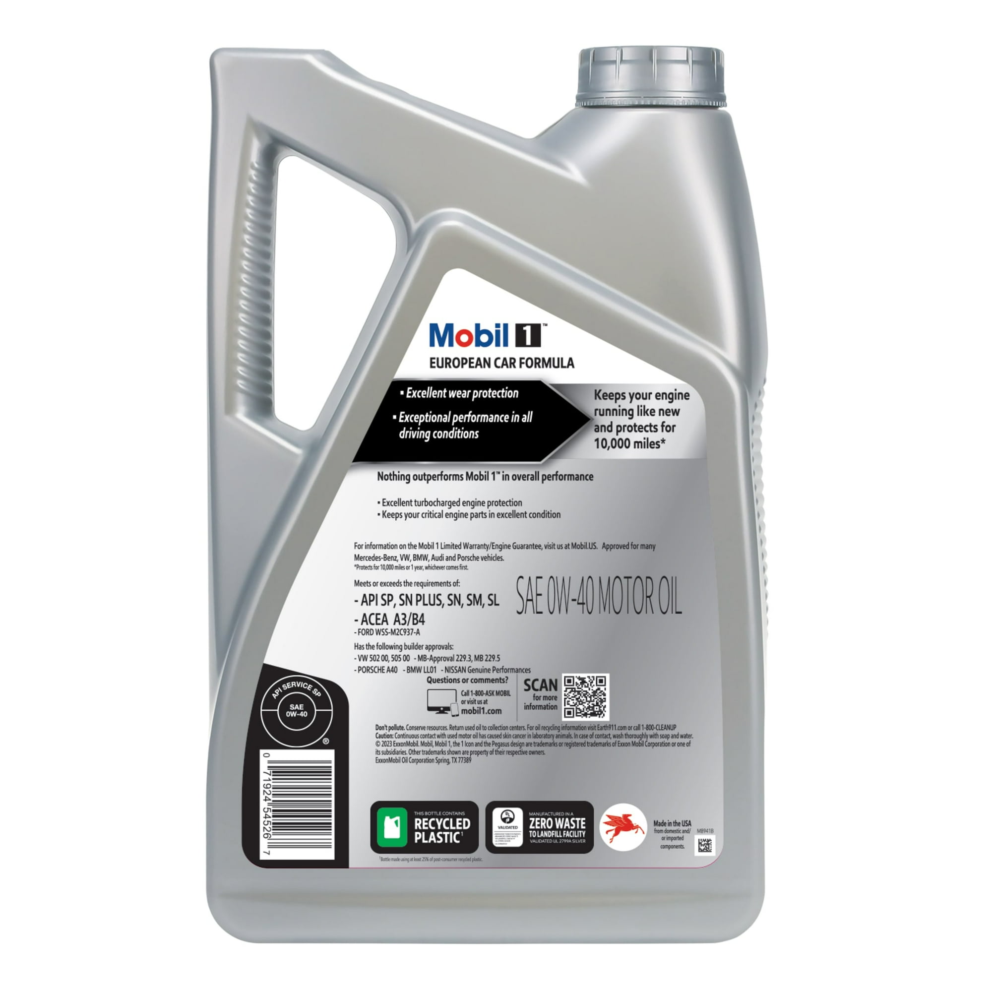 Mobil 1 0W-40 (Advanced Full Synthetic Motor Oil) 5Quarts European Car Formula