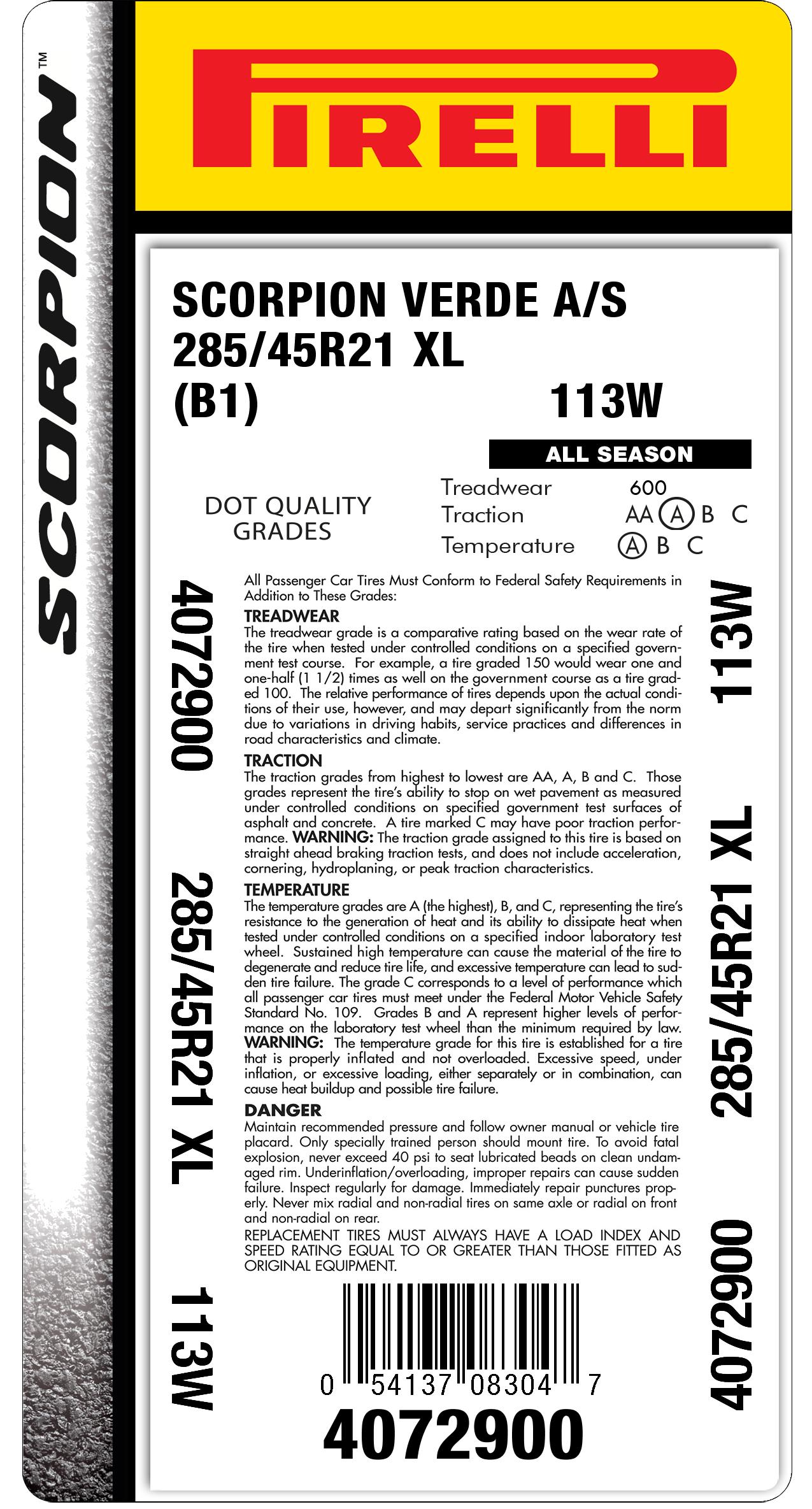 Pirelli 285/45/R21 XL Run-on Flat Tyre