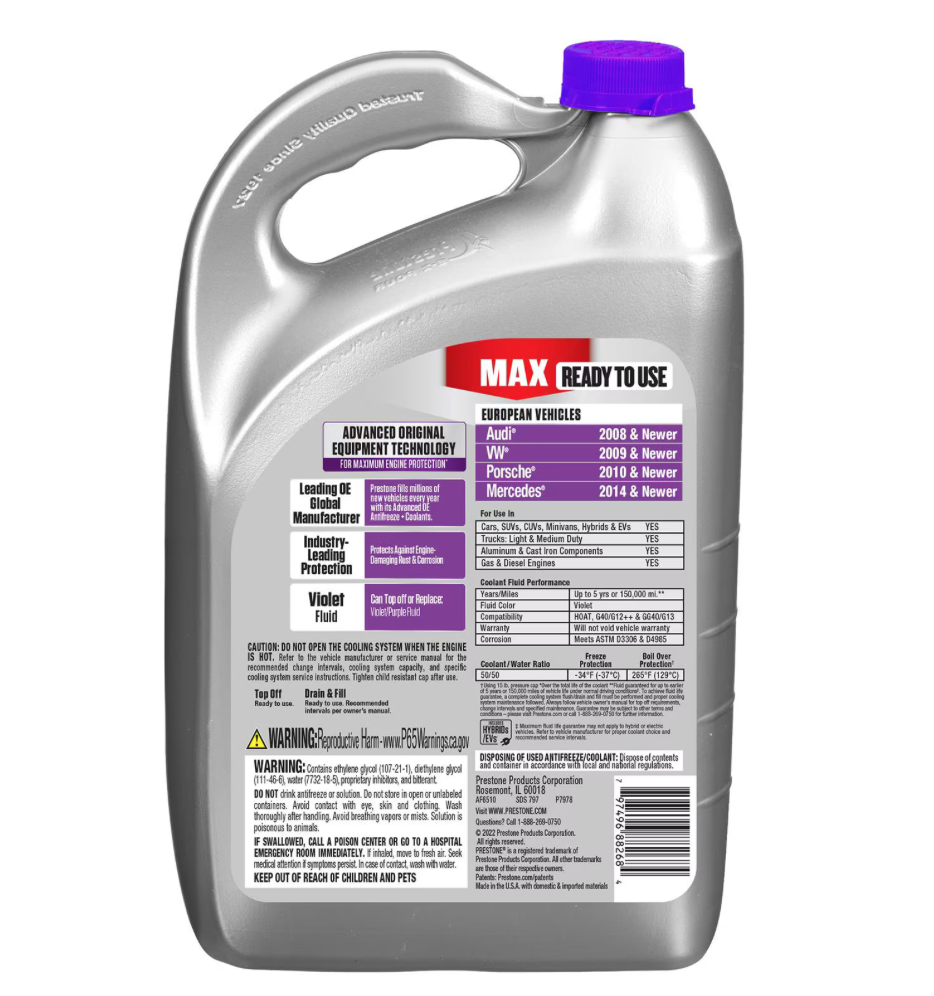 Prestone AF6510 MAX European Vehicles (Purple) Antifreeze and Coolant - 4 Liters