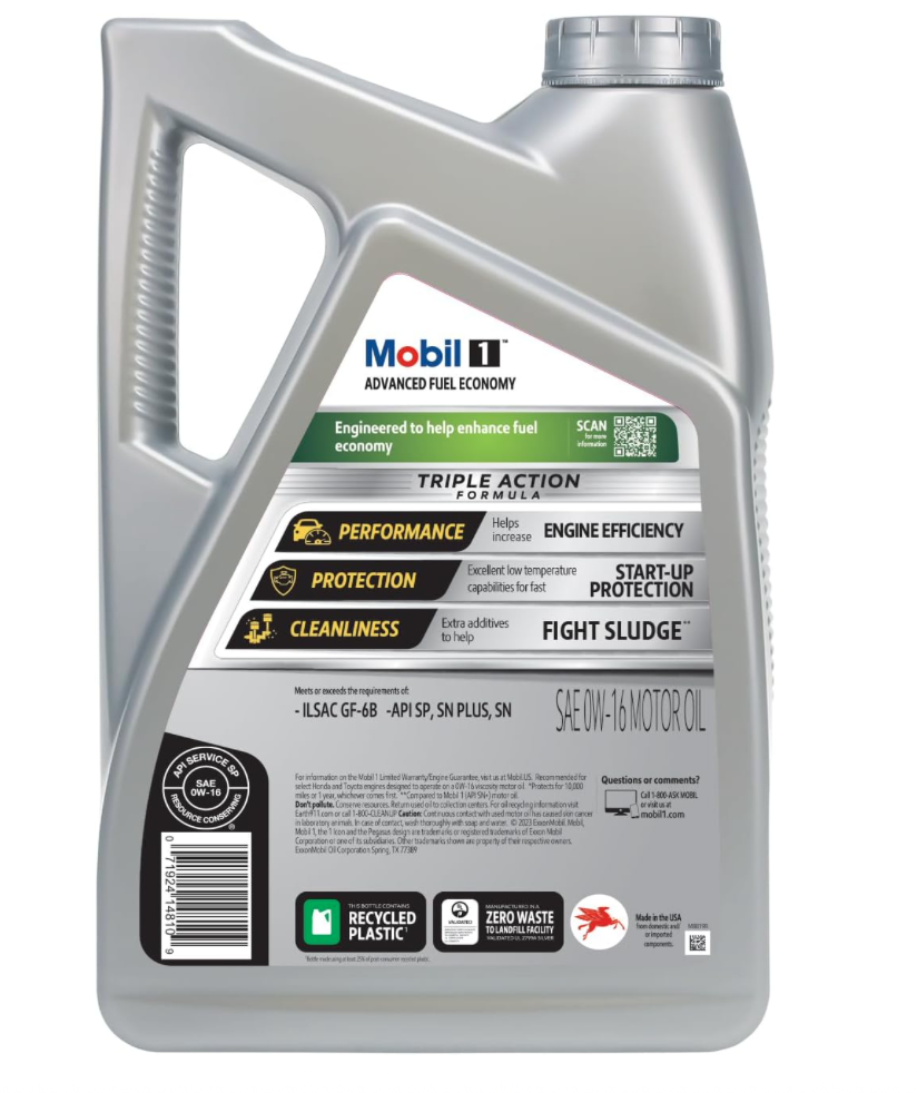 Mobil 1 0W-16 Advanced Fuel Economy Full Synthetic Motor Oil (5Quarts/4.73Liters)